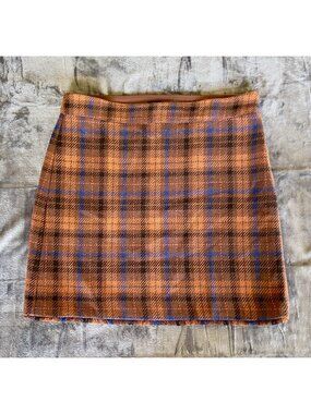 Ann Taylor Factory Orange Plaid Fringe Mini Skirt Size 16 Fall Preppy EUC